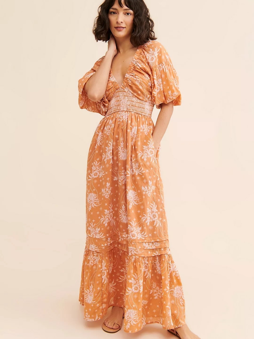 Free People Golden Hour Maxi Dress XL Orange & White Floral